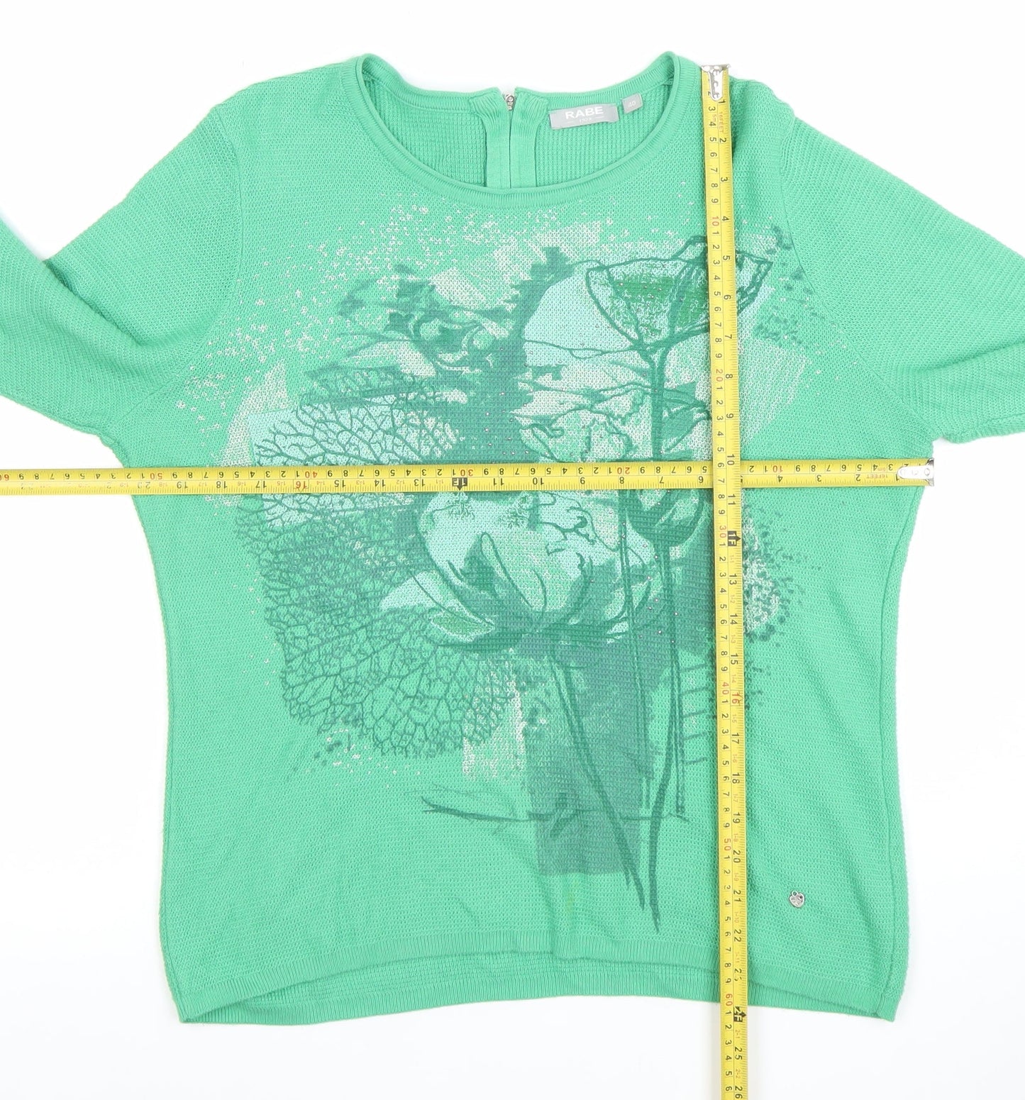 Rabe Women Green Floral Knit Cotton Blend Pullover Jumper Size 12