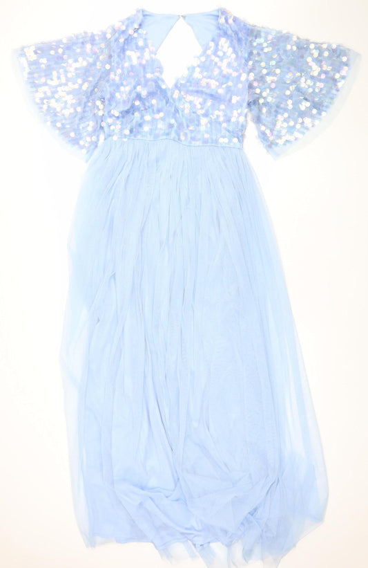 Maya Deluxe Women Blue Sequin Maxi Dress V-Neck Size 12
