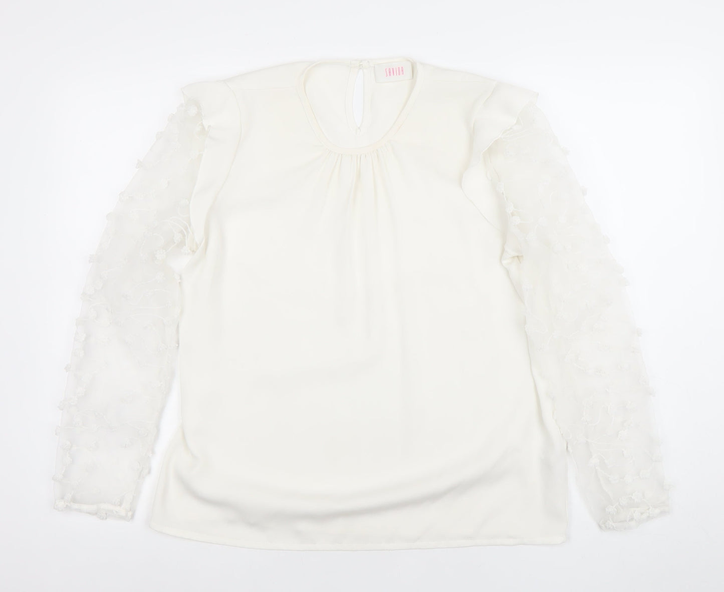 Savior Womens Ivory Long Sleeve Embroidered Ruffle Blouse Size 12