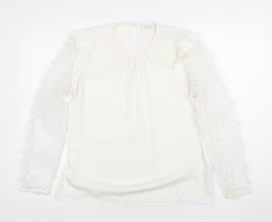 Savior Womens Ivory Long Sleeve Embroidered Ruffle Blouse Size 12