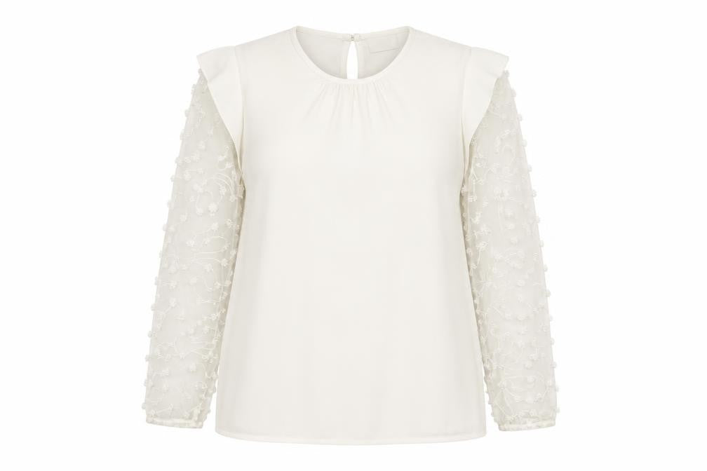 Savior Womens Ivory Long Sleeve Embroidered Ruffle Blouse Size 12