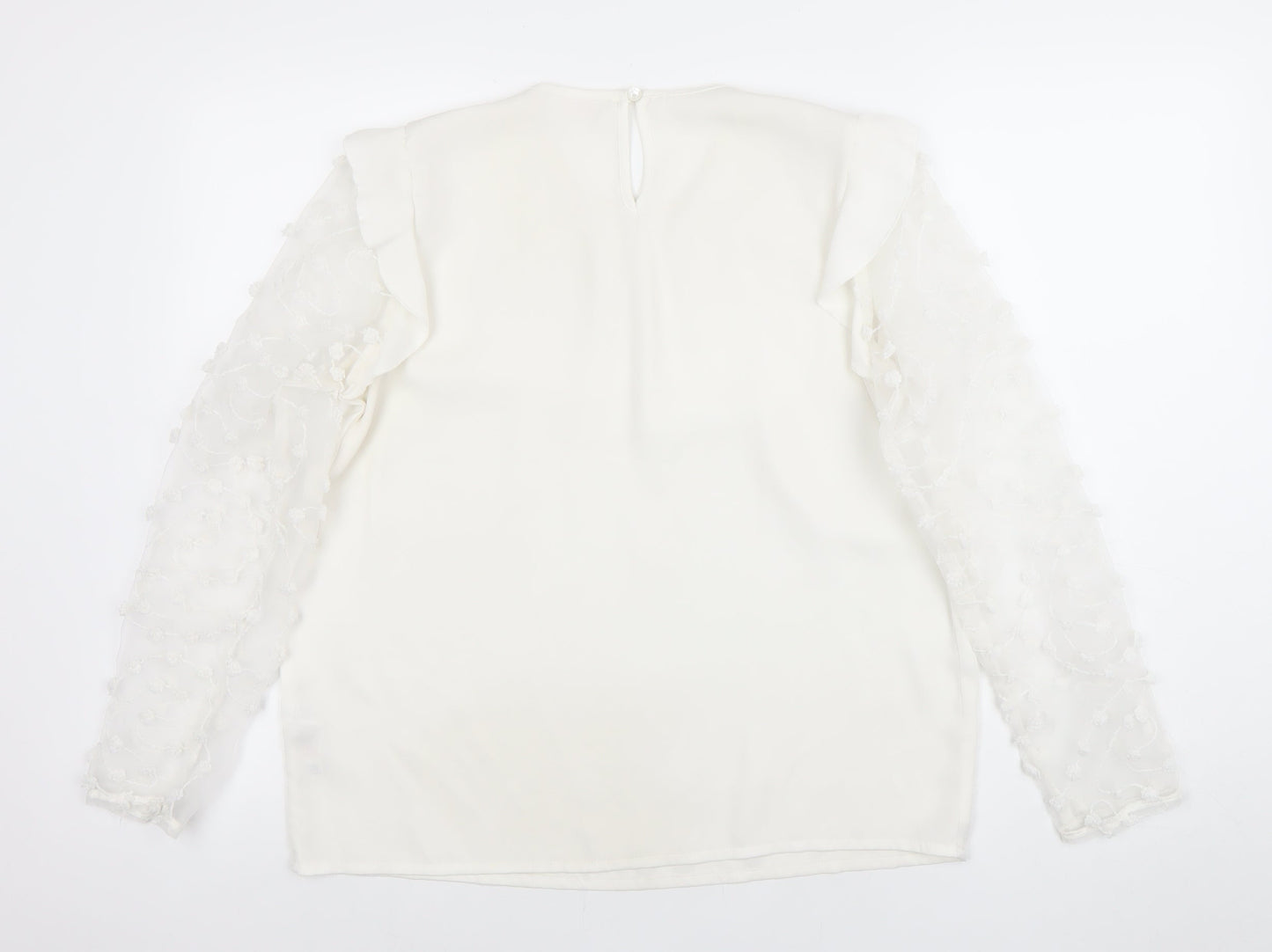 Savior Womens Ivory Long Sleeve Embroidered Ruffle Blouse Size 12