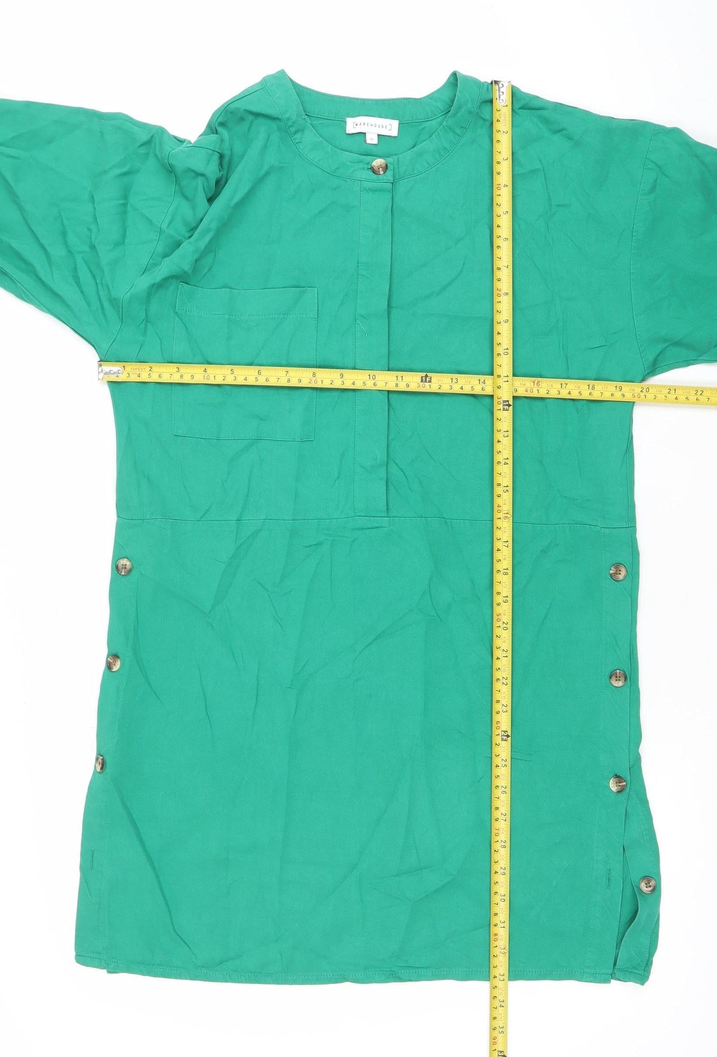 Warehouse Women’s Green Shift Dress Size 10 Short Sleeve Button Detail