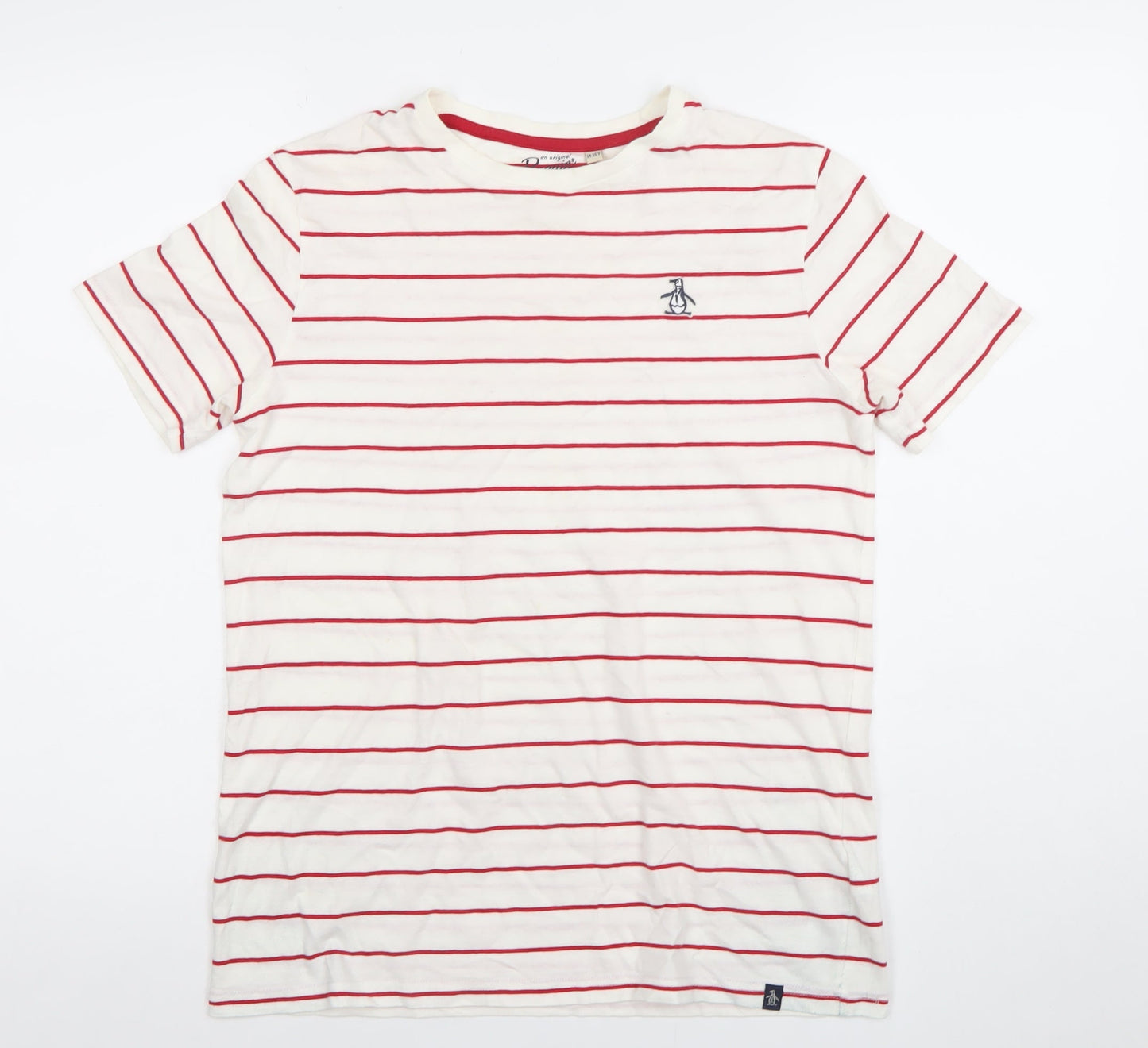 Penguin Boys White Red Striped Cotton Crew Neck T-Shirt Size 14-15 Years