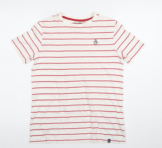 Penguin Boys White Red Striped Cotton Crew Neck T-Shirt Size 14-15 Years