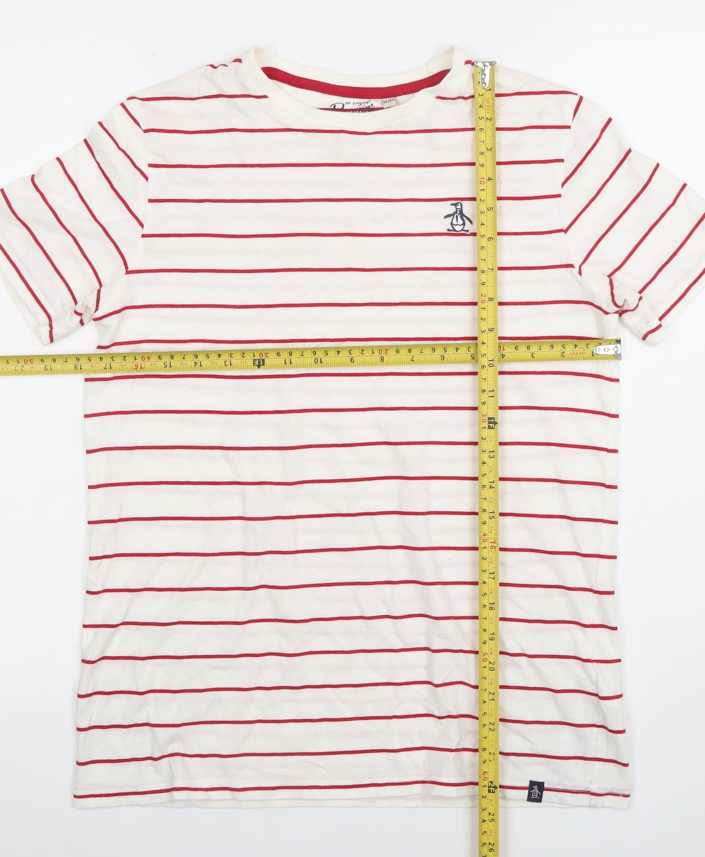 Penguin Boys White Red Striped Cotton Crew Neck T-Shirt Size 14-15 Years