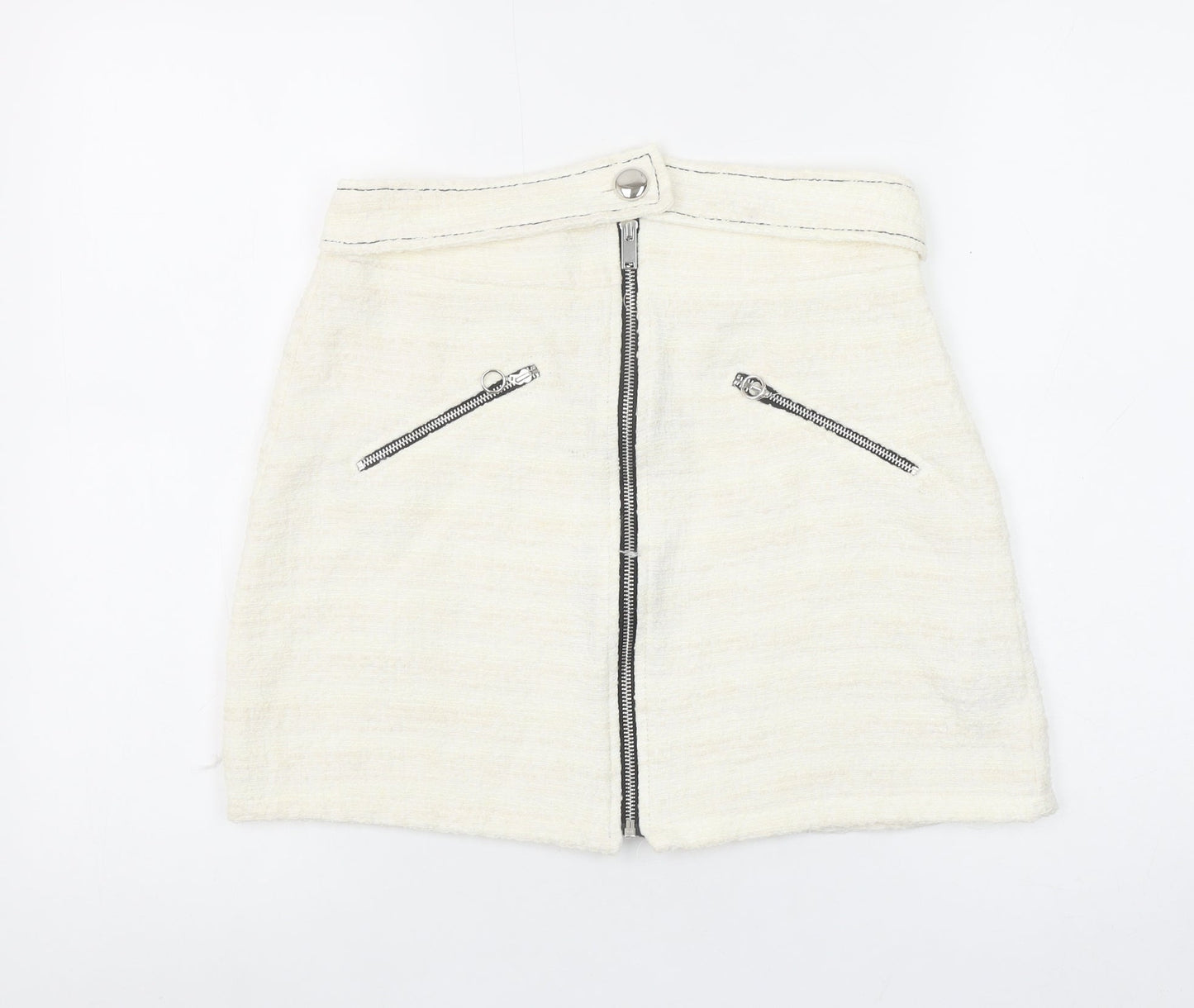 Zara Women Ivory Tweed Zip Mini Skirt Size 12 High Waist