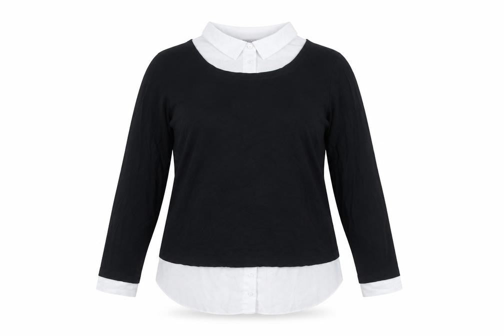 Evans Womens Black White Collared Long Sleeve Jersey Blouse Size 20