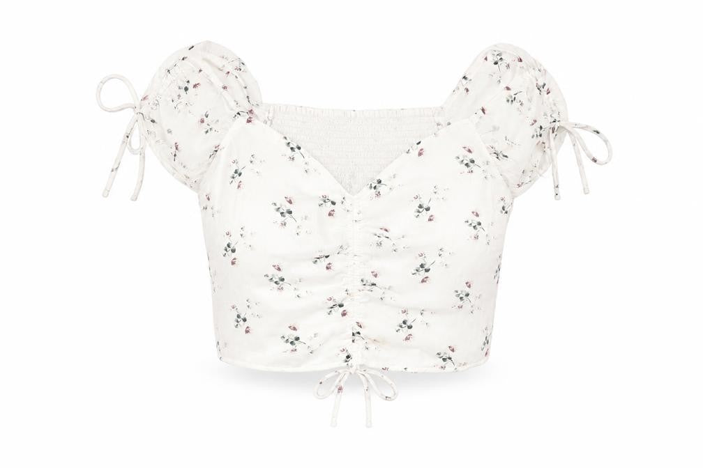Abercrombie & Fitch Womens Ivory Floral Cropped Puff Sleeve Blouse L