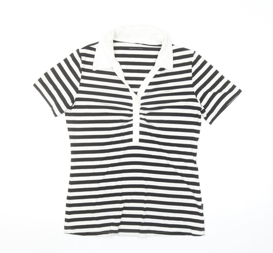 Röhnisch Women's Black White Striped Polo Top M Short Sleeve Collared
