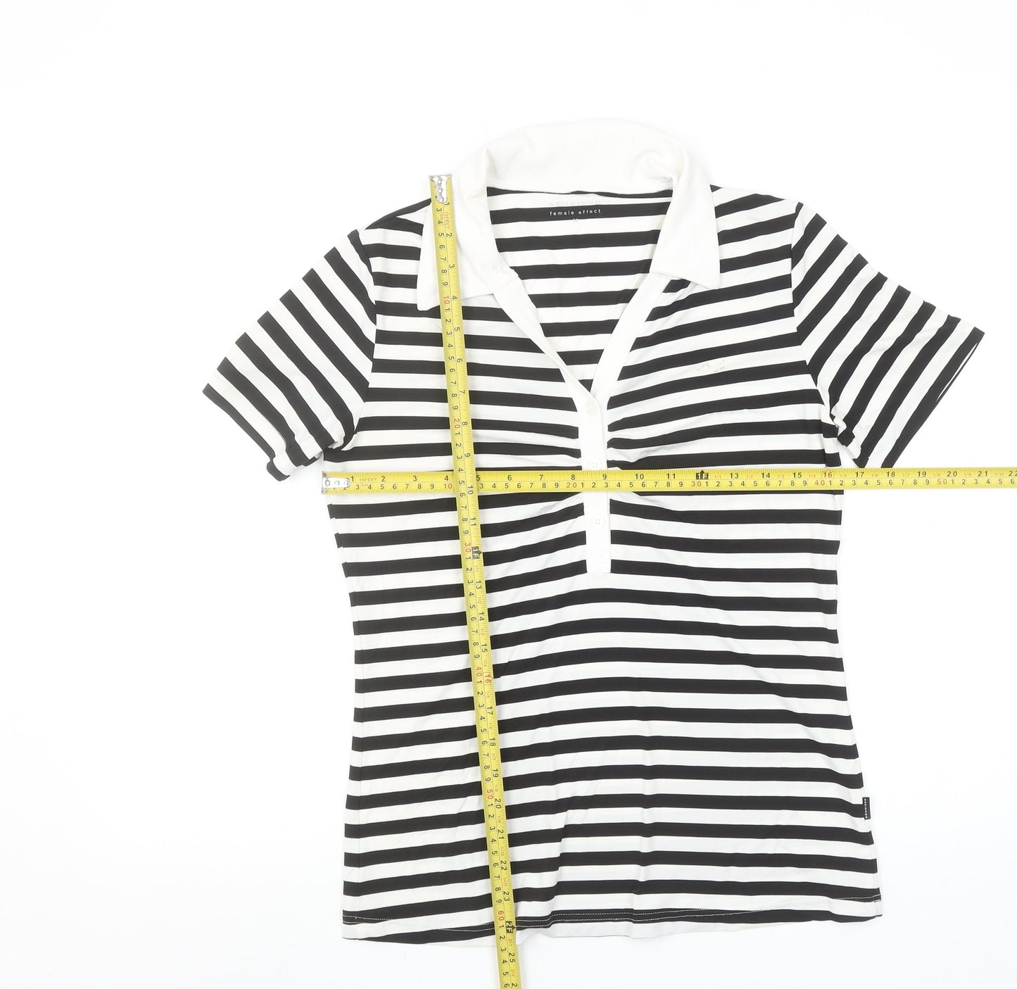 Röhnisch Women's Black White Striped Polo Top M Short Sleeve Collared