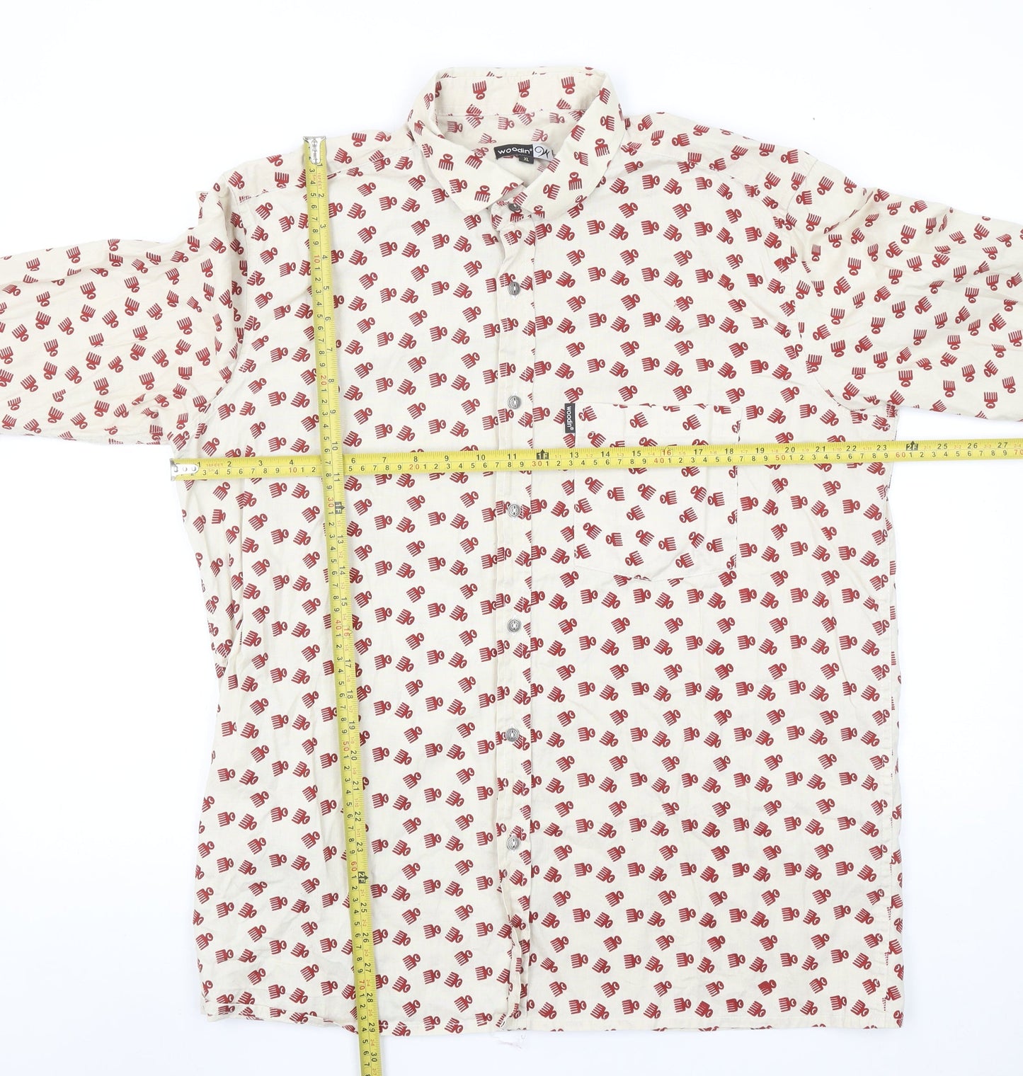 Woodin Men's Beige Red Patterned Button-Up Cotton Shirt XL