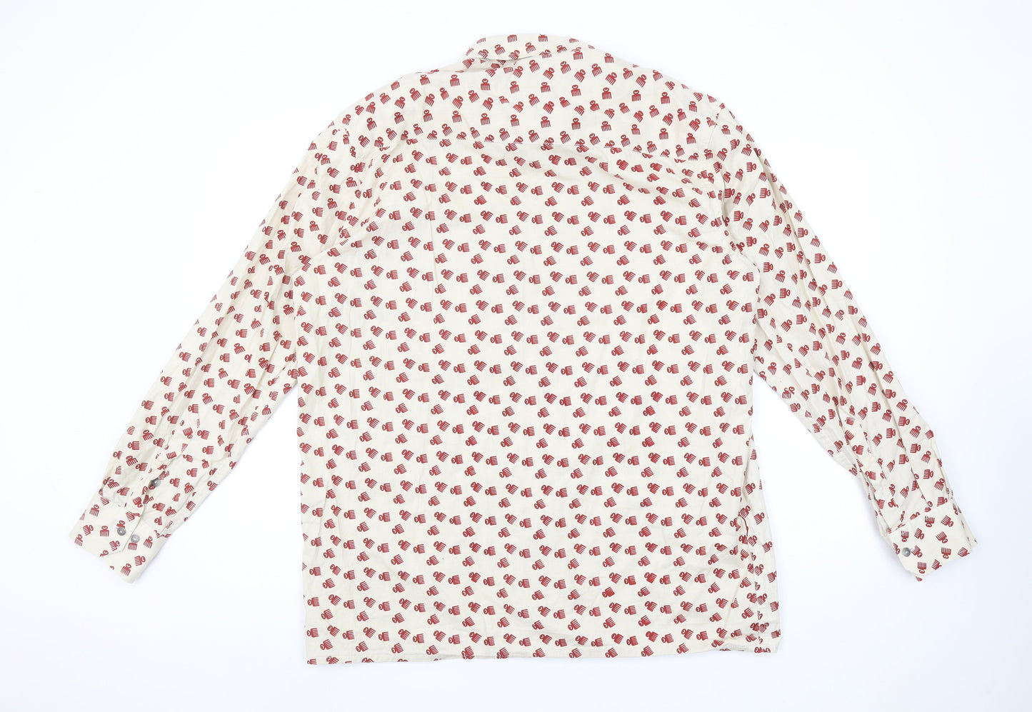 Woodin Men's Beige Red Patterned Button-Up Cotton Shirt XL