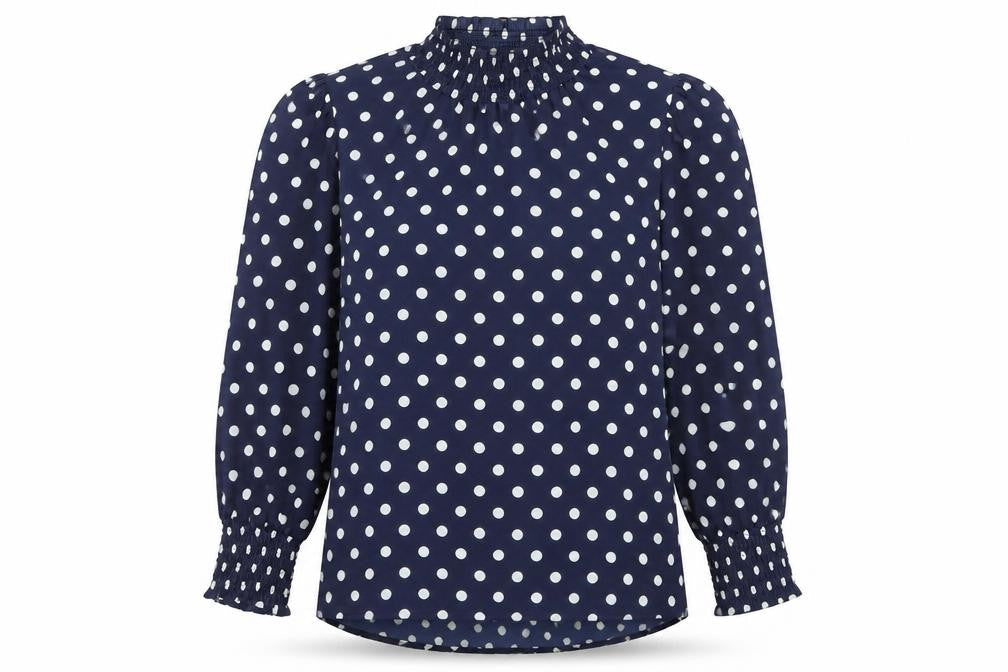 Rowen Avenue Women's Blue Polka Dot High Neck Long Sleeve Blouse Size M