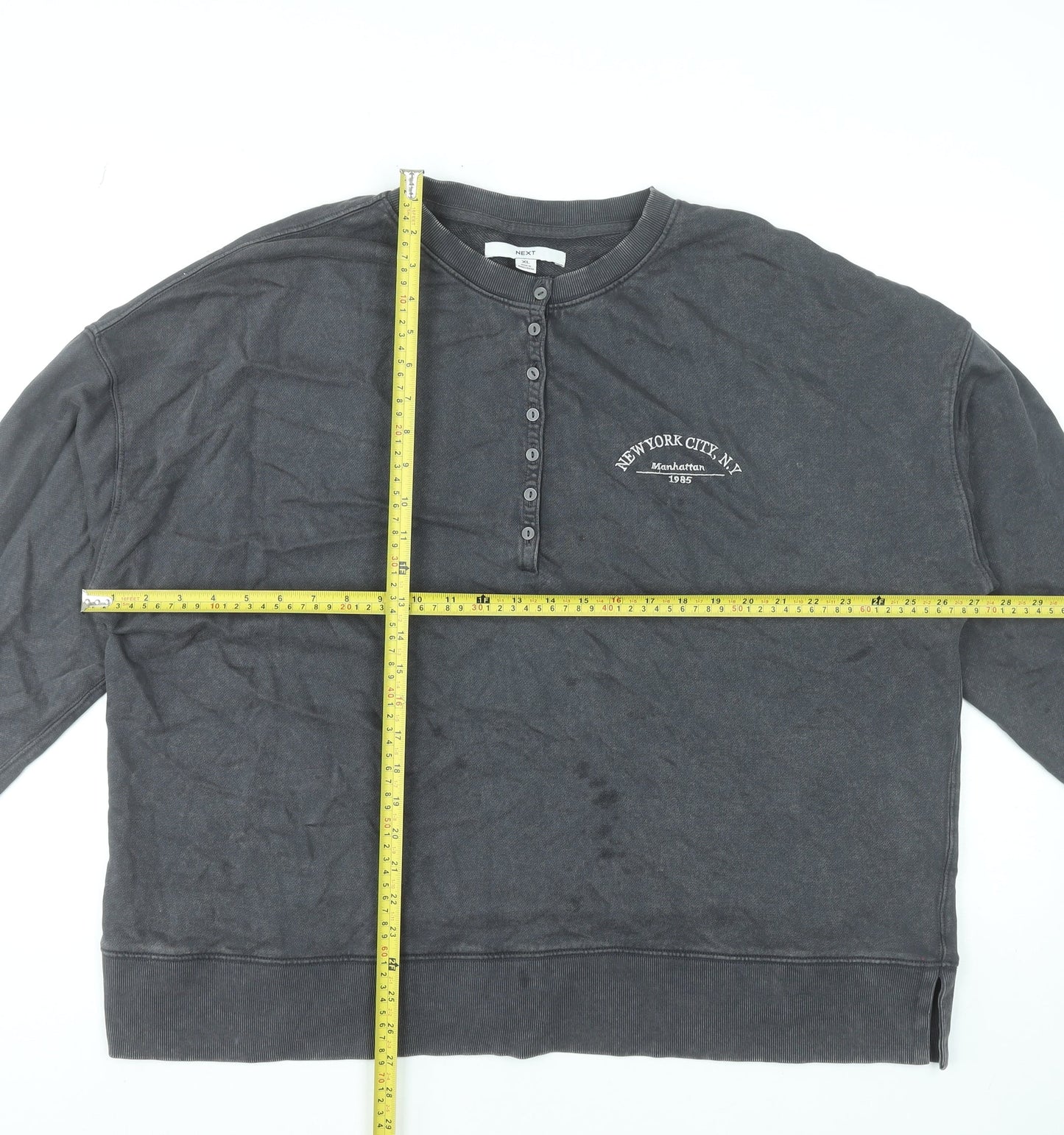 Next Men’s Grey Henley Sweatshirt XL Cotton Button Logo Top