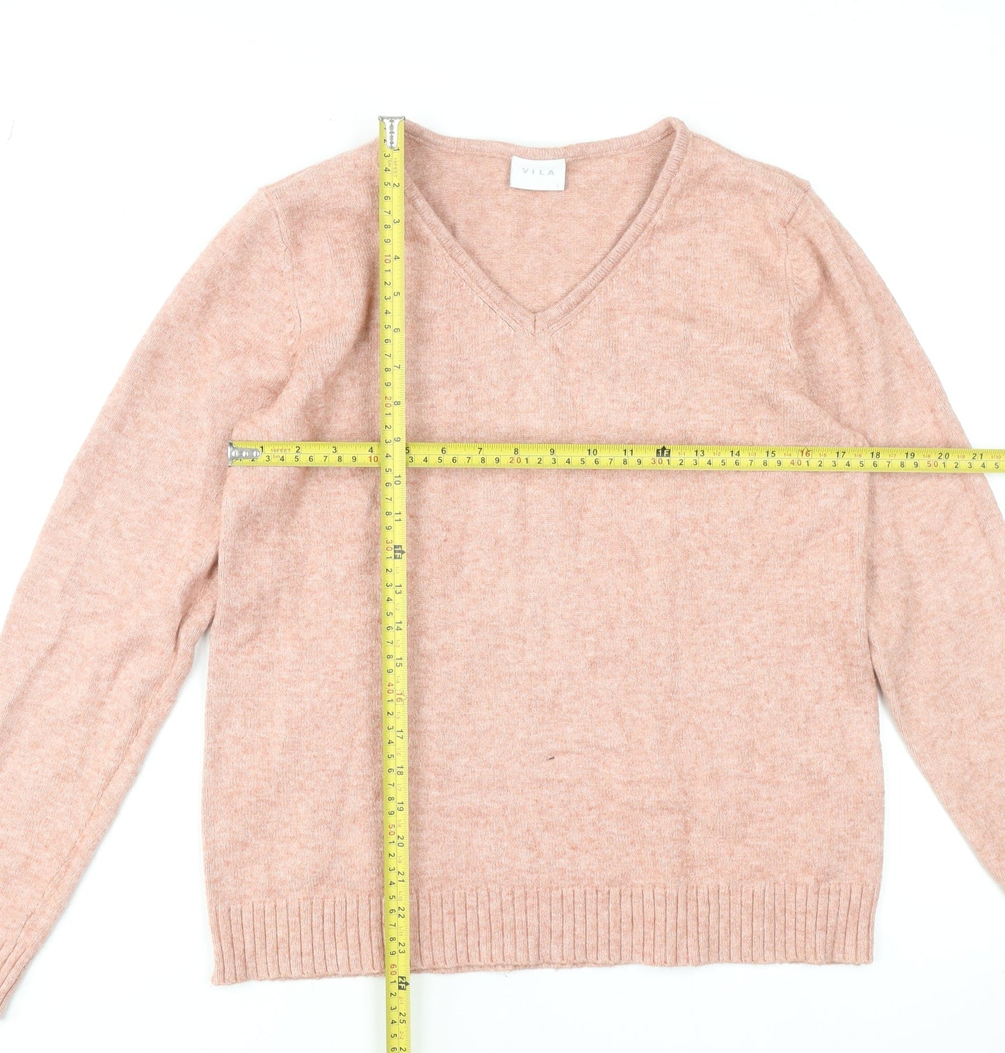 Vila Women's Pink V-Neck Long Sleeve Pullover Jumper Size L