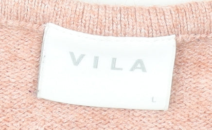 Vila Women's Pink V-Neck Long Sleeve Pullover Jumper Size L