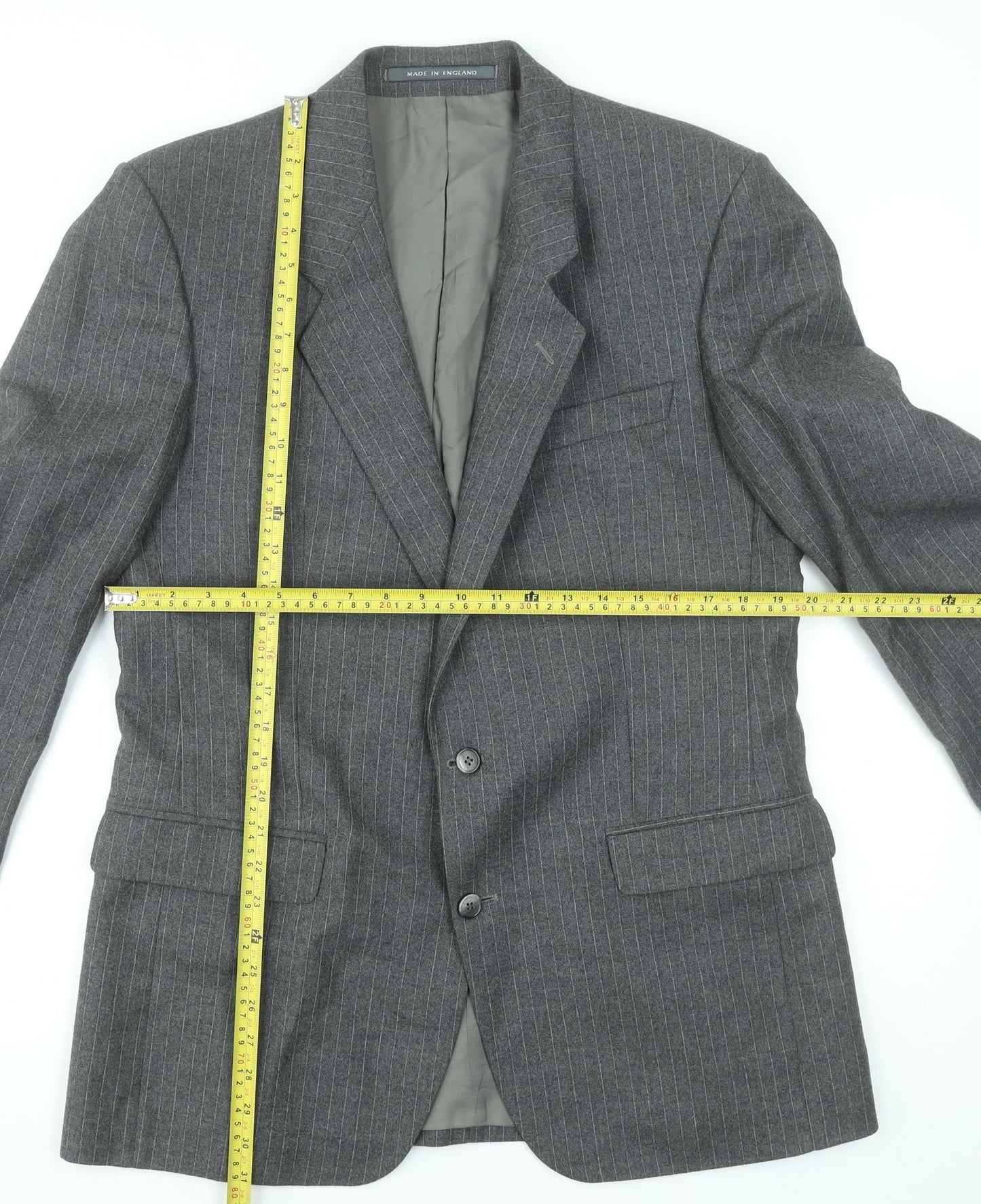 The Label Men's Grey Wool Pinstripe Blazer Jacket 42R Classic Fit