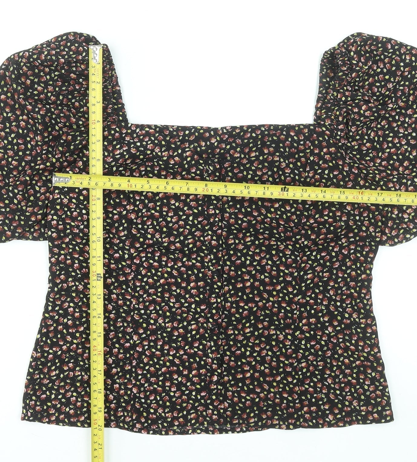 Brave Soul Women's Black Floral Puff Sleeve Cropped Blouse Size S