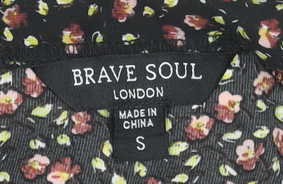 Brave Soul Women's Black Floral Puff Sleeve Cropped Blouse Size S