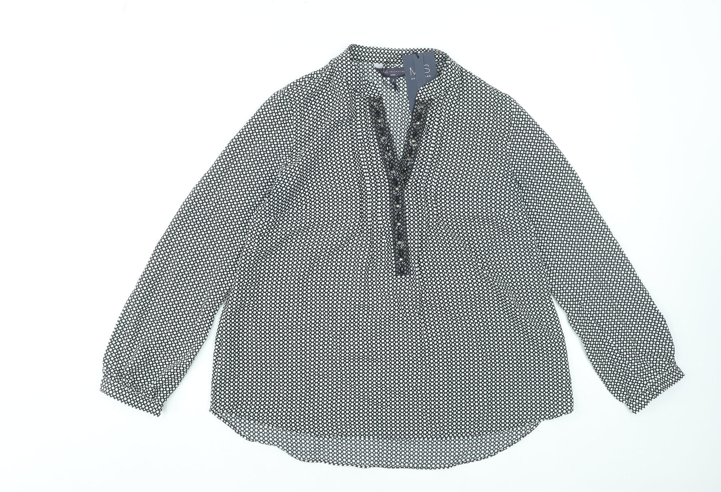 Marks and Spencer Women's Black Geometric Blouse Size 8 Petite Long Sleeve