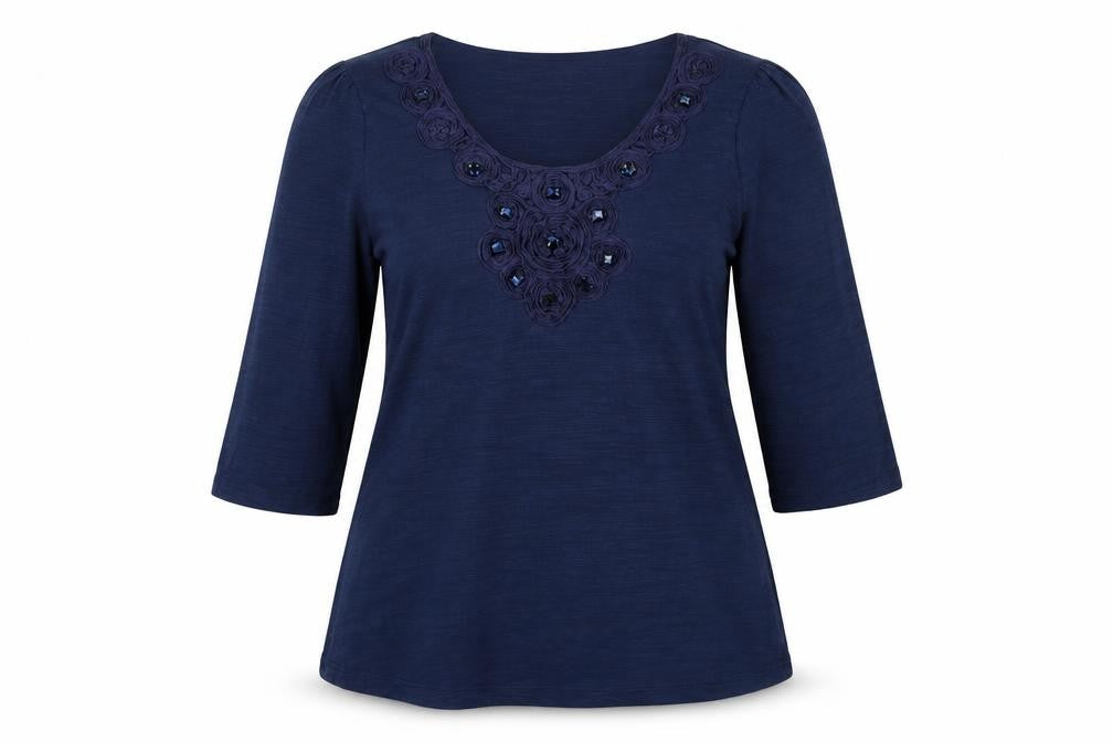 Gallery Women's Blue Size 14 Tunic Beaded 3/4 Sleeve Blouse