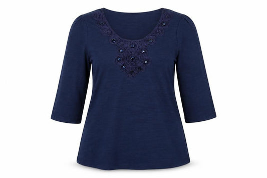 Gallery Women's Blue Size 14 Tunic Beaded 3/4 Sleeve Blouse
