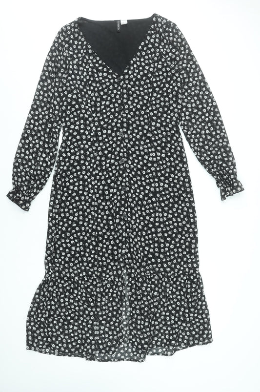 H&M Divided Women's Black Floral Midi A-Line Button Dress Size 10