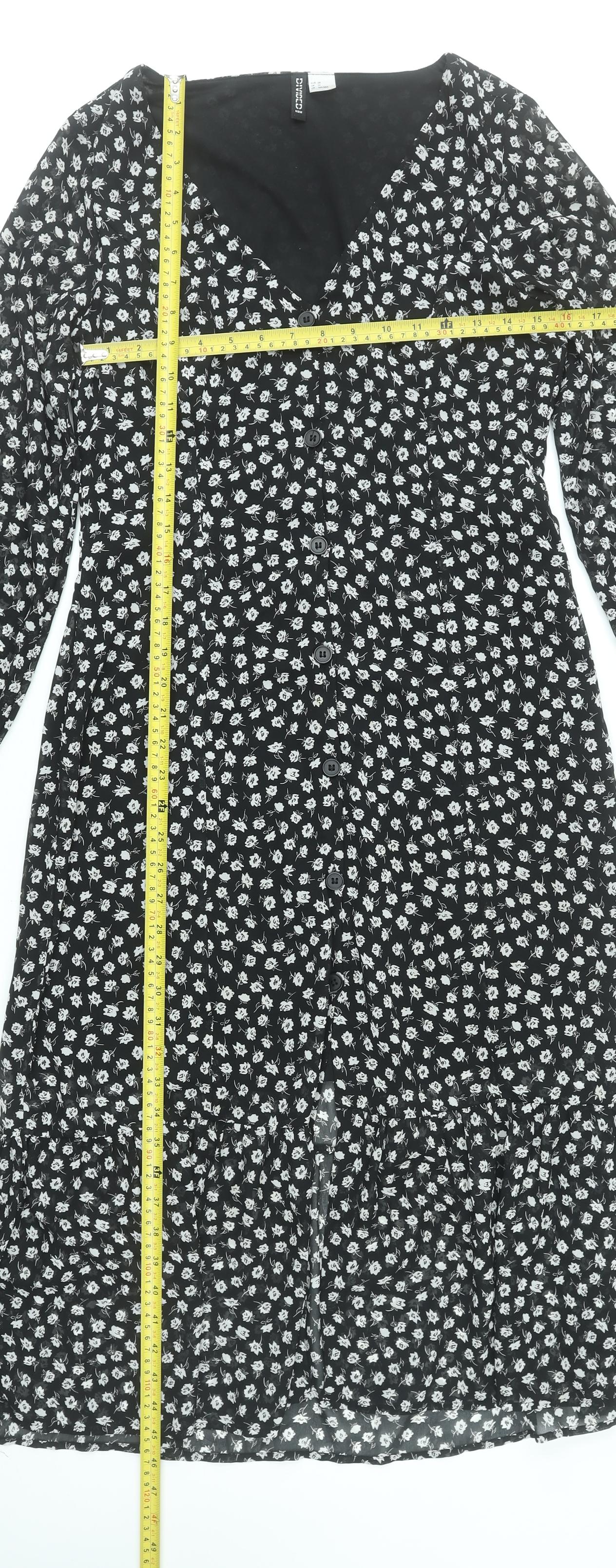 H&M Divided Women's Black Floral Midi A-Line Button Dress Size 10