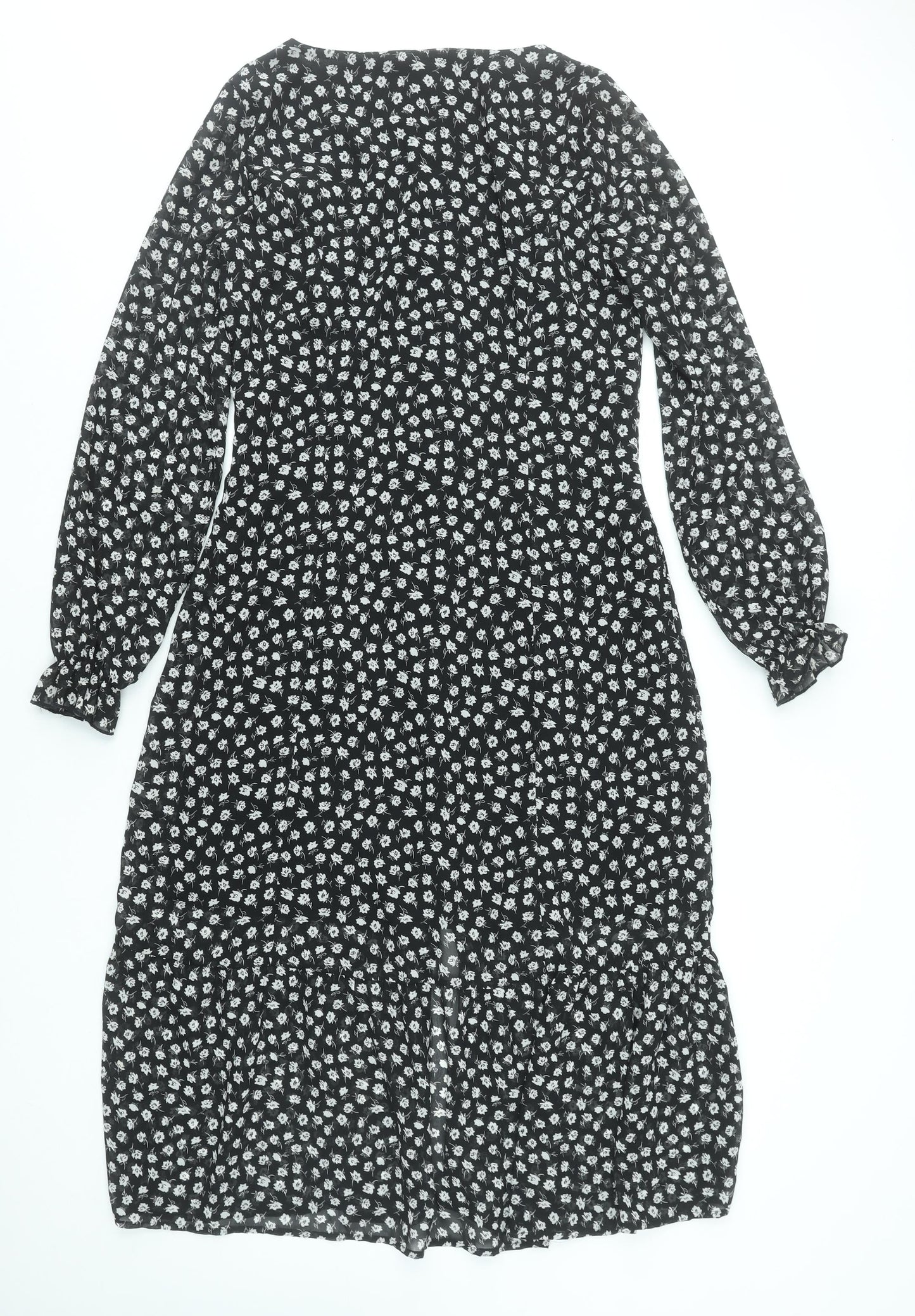 H&M Divided Women's Black Floral Midi A-Line Button Dress Size 10