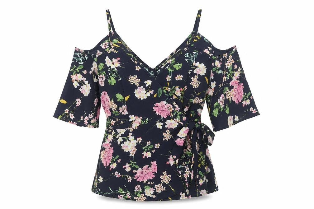Monteau Women's Floral Wrap Cold Shoulder Blouse Multicoloured S