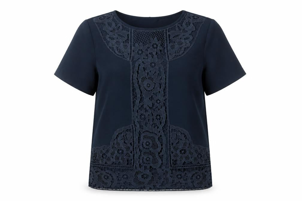 Warehouse Women's Navy Blue Lace Panel Short Sleeve Blouse Size 8