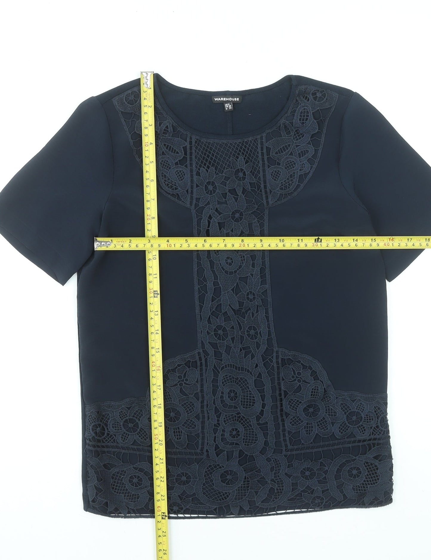 Warehouse Women's Navy Blue Lace Panel Short Sleeve Blouse Size 8