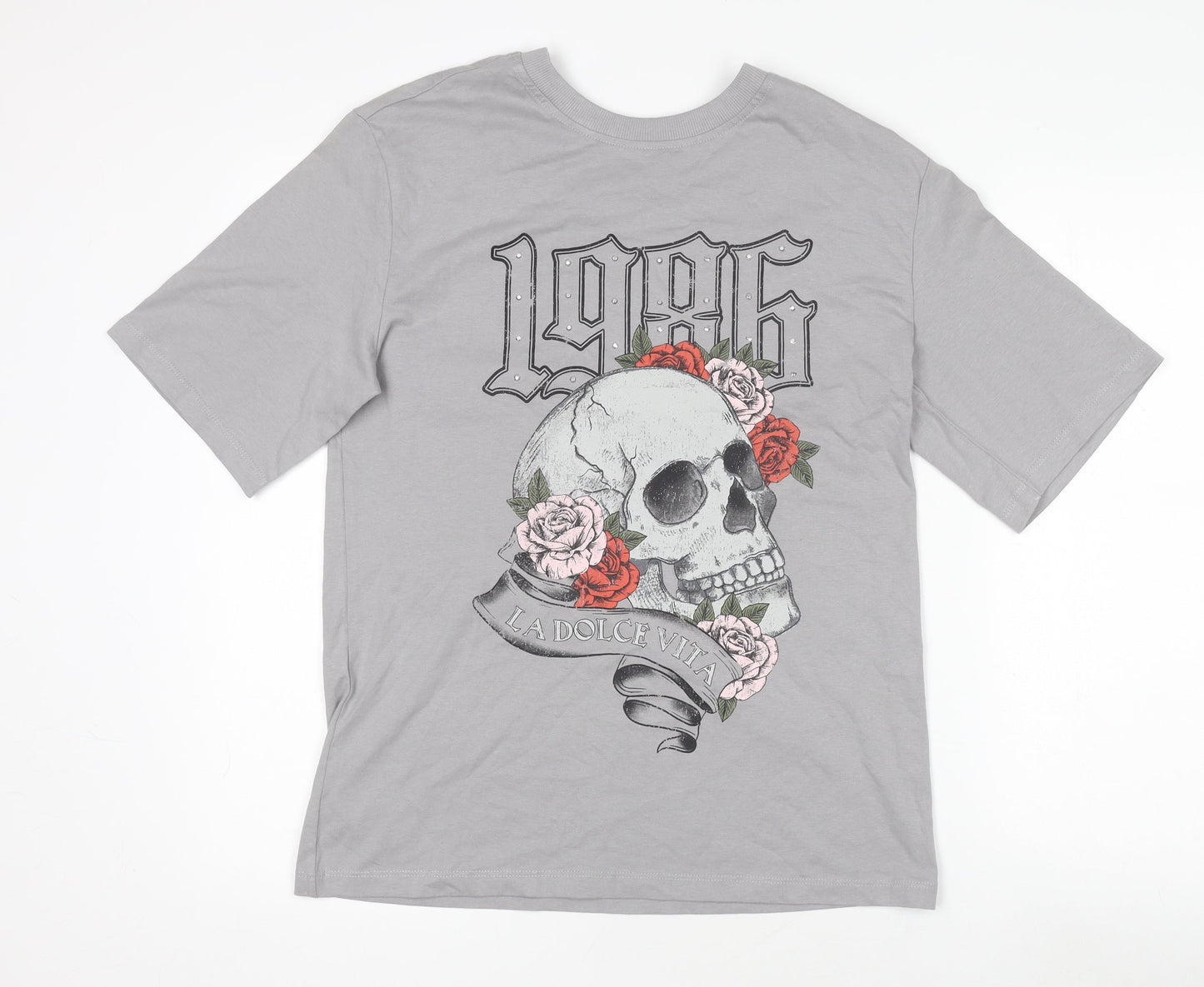 Anko Womens Grey Skull Graphic T-Shirt Size 8 Short Sleeve Cotton Top