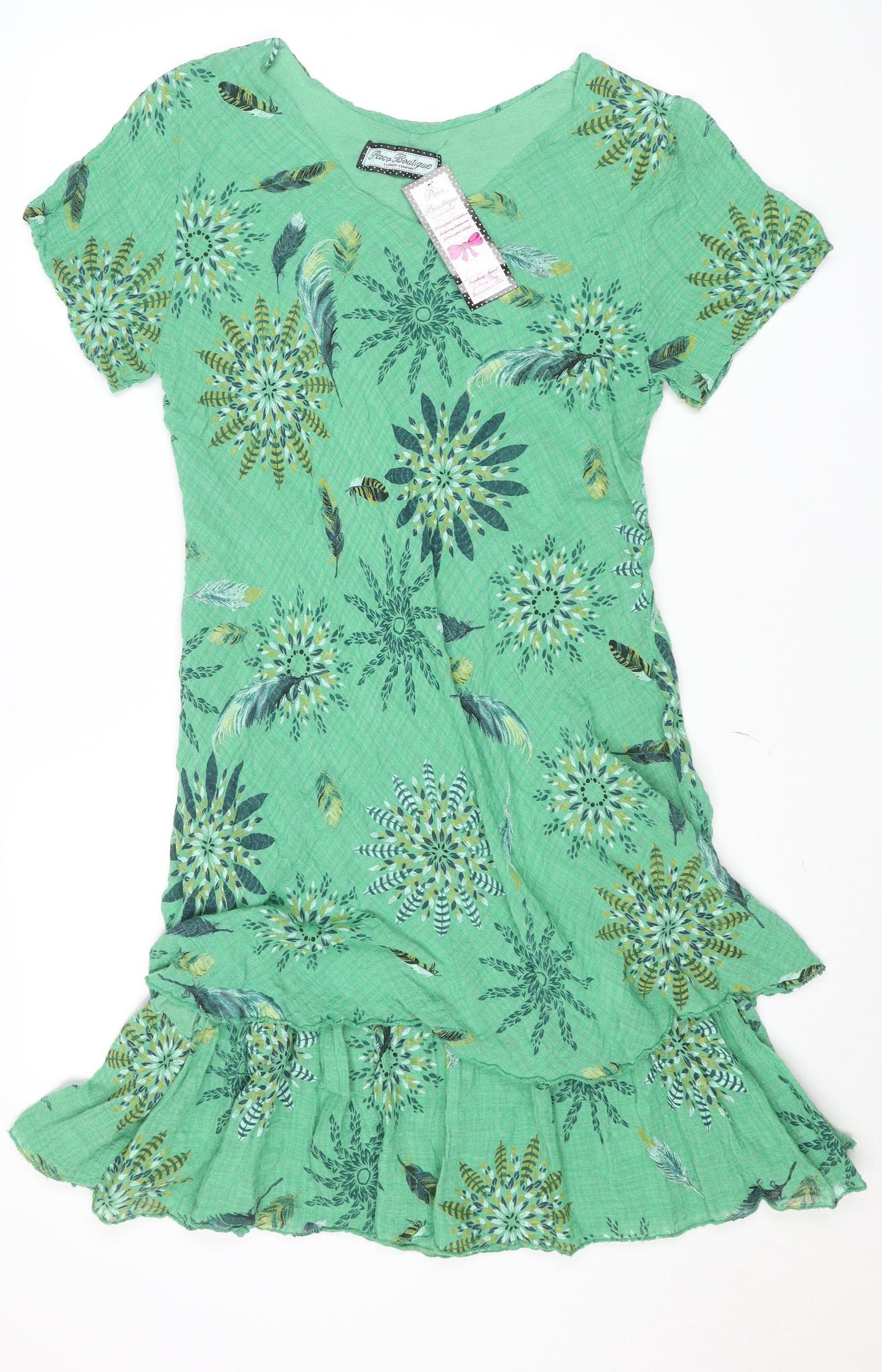 Paco Boutique Women Green Asymmetric Floral Cotton Dress M