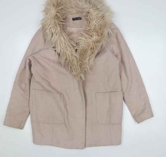 Select Womens Beige Faux Fur Trim Hooded Coat Size 14