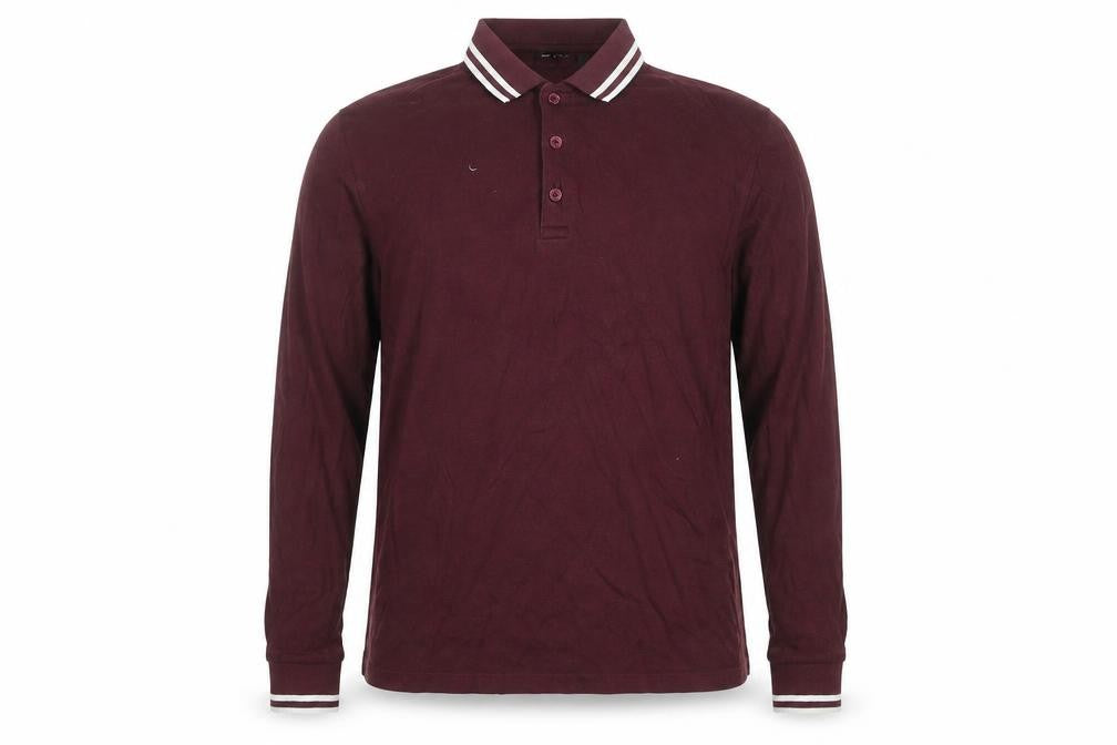 Front view of ASOS DESIGN Men’s Burgundy Long Sleeve Polo Shirt L Cotton Blend