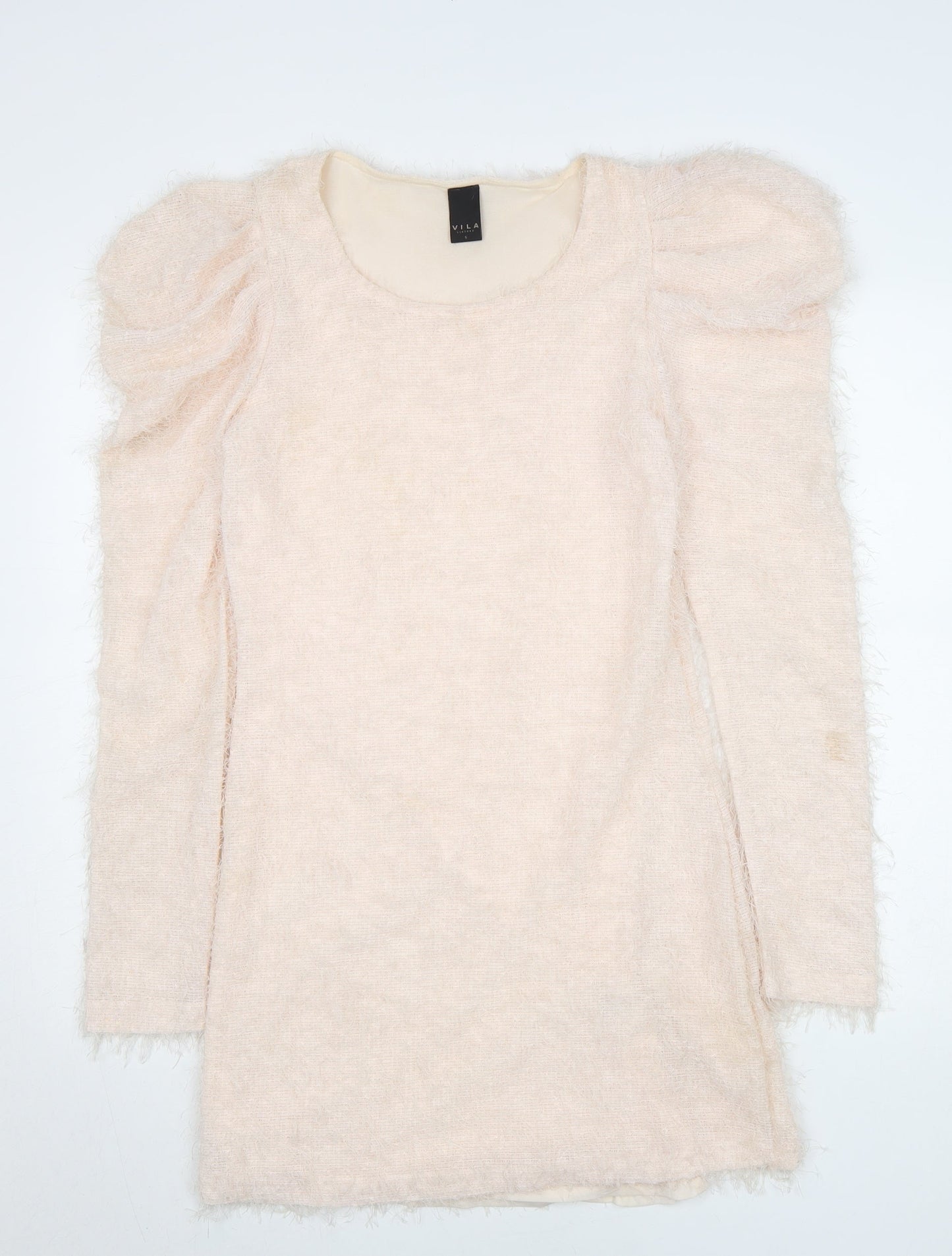 Vila Women Beige Knit Bodycon Dress Size S Puff Sleeve