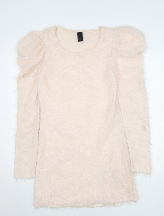 Vila Women Beige Knit Bodycon Dress Size S Puff Sleeve