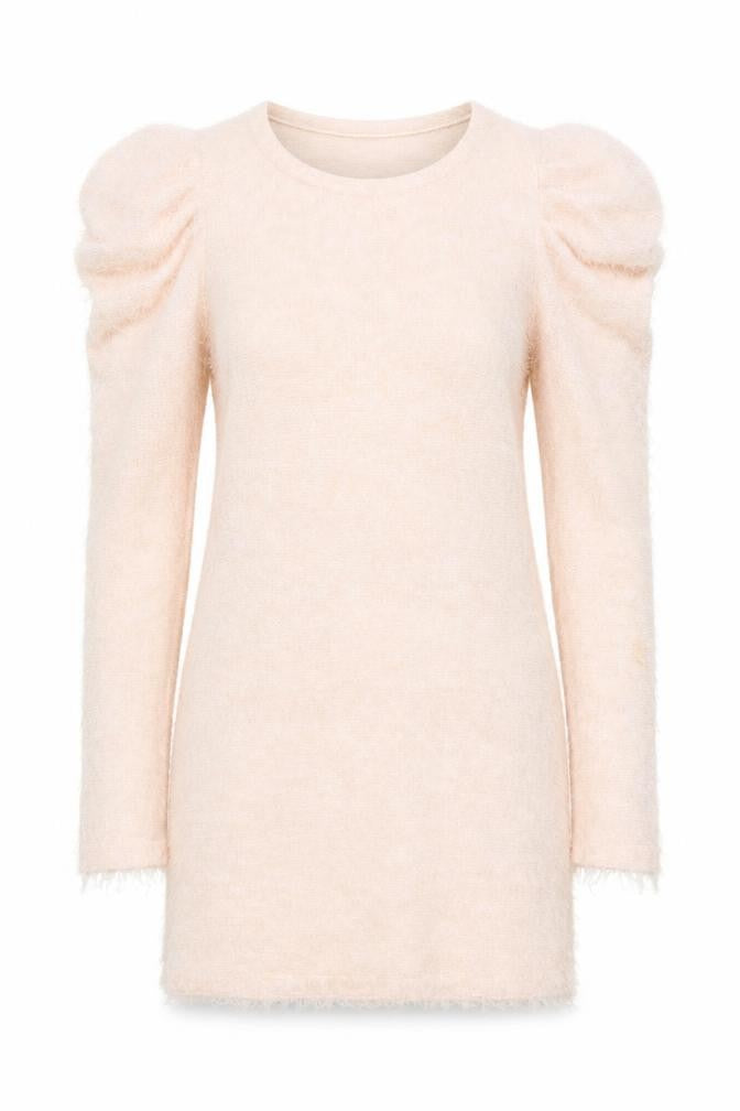 VILA Women Beige Knit Bodycon Dress Size S Puff Sleeve