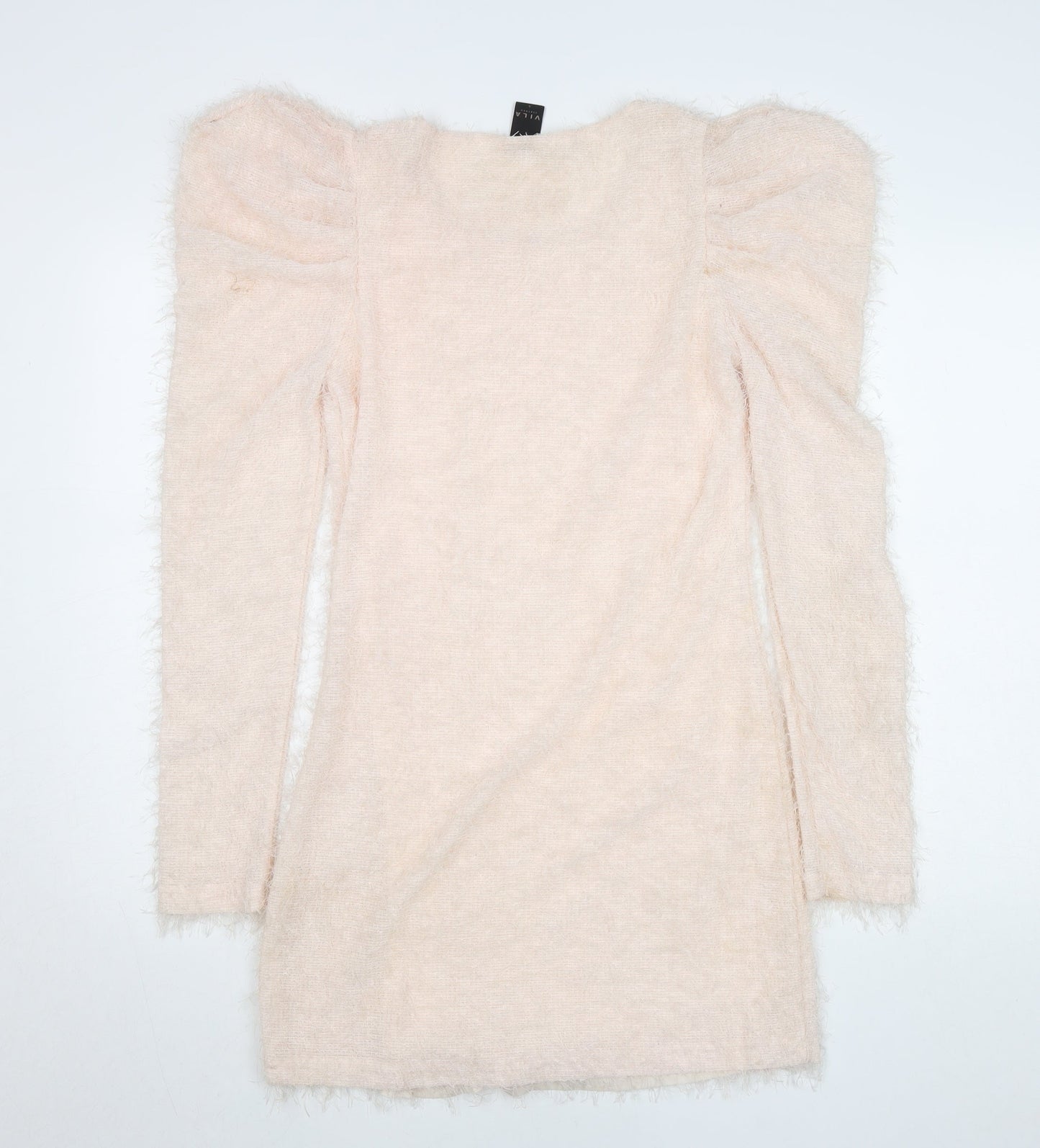 Vila Women Beige Knit Bodycon Dress Size S Puff Sleeve
