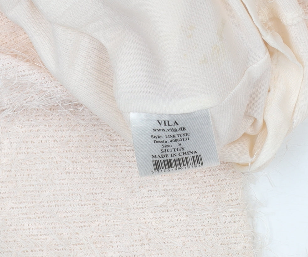 Vila Women Beige Knit Bodycon Dress Size S Puff Sleeve