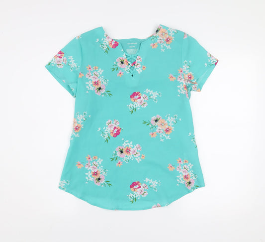 Van Heusen Women's Blue Floral V-Neck Short Sleeve Tunic Blouse XS