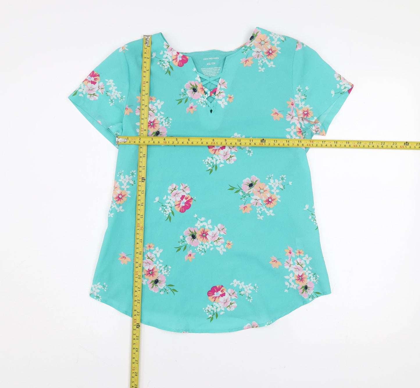 Van Heusen Women's Blue Floral V-Neck Short Sleeve Tunic Blouse XS