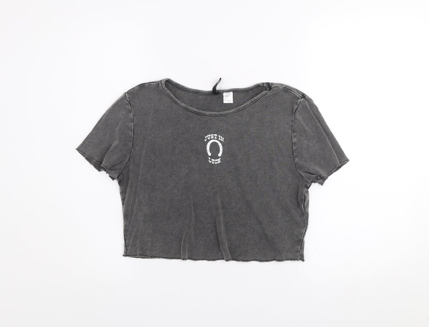 H&M Divided Womens Grey Cropped T-Shirt L Short Sleeve Casual 100% Cotton