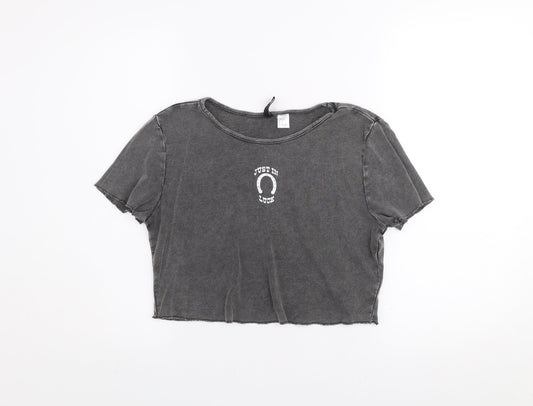H&M Divided Womens Grey Cropped T-Shirt L Short Sleeve Casual 100% Cotton