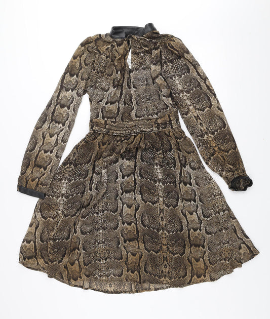 H&M Women's Brown Snake Print A-Line Dress Size 8 Long Sleeve