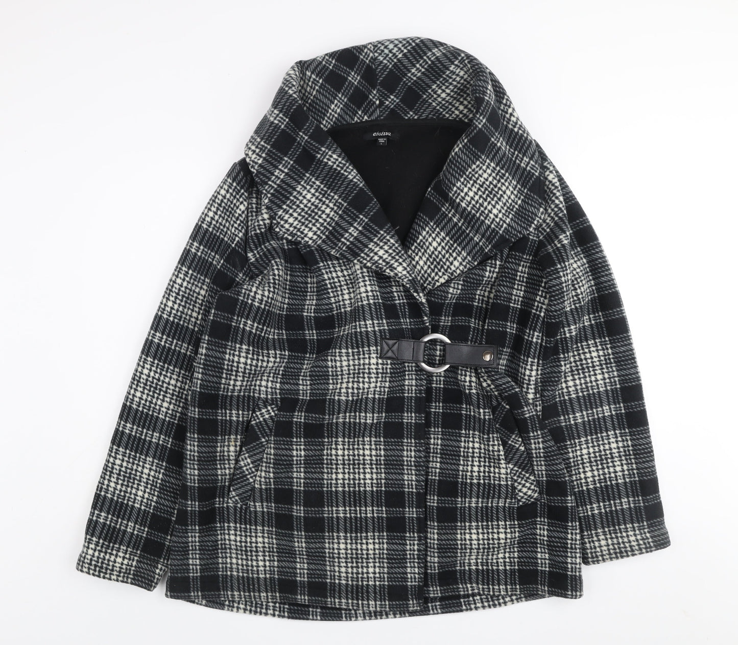 Eivissa Women Black Check Belted Mid-Length Fleece Coat L
