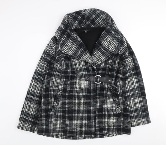 Eivissa Women Black Check Belted Mid-Length Fleece Coat L