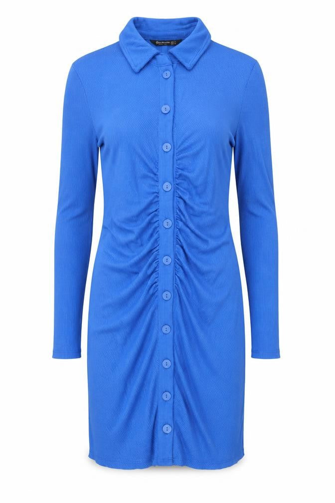 Stradivarius Women Blue Collared Button Shirt Dress Size S